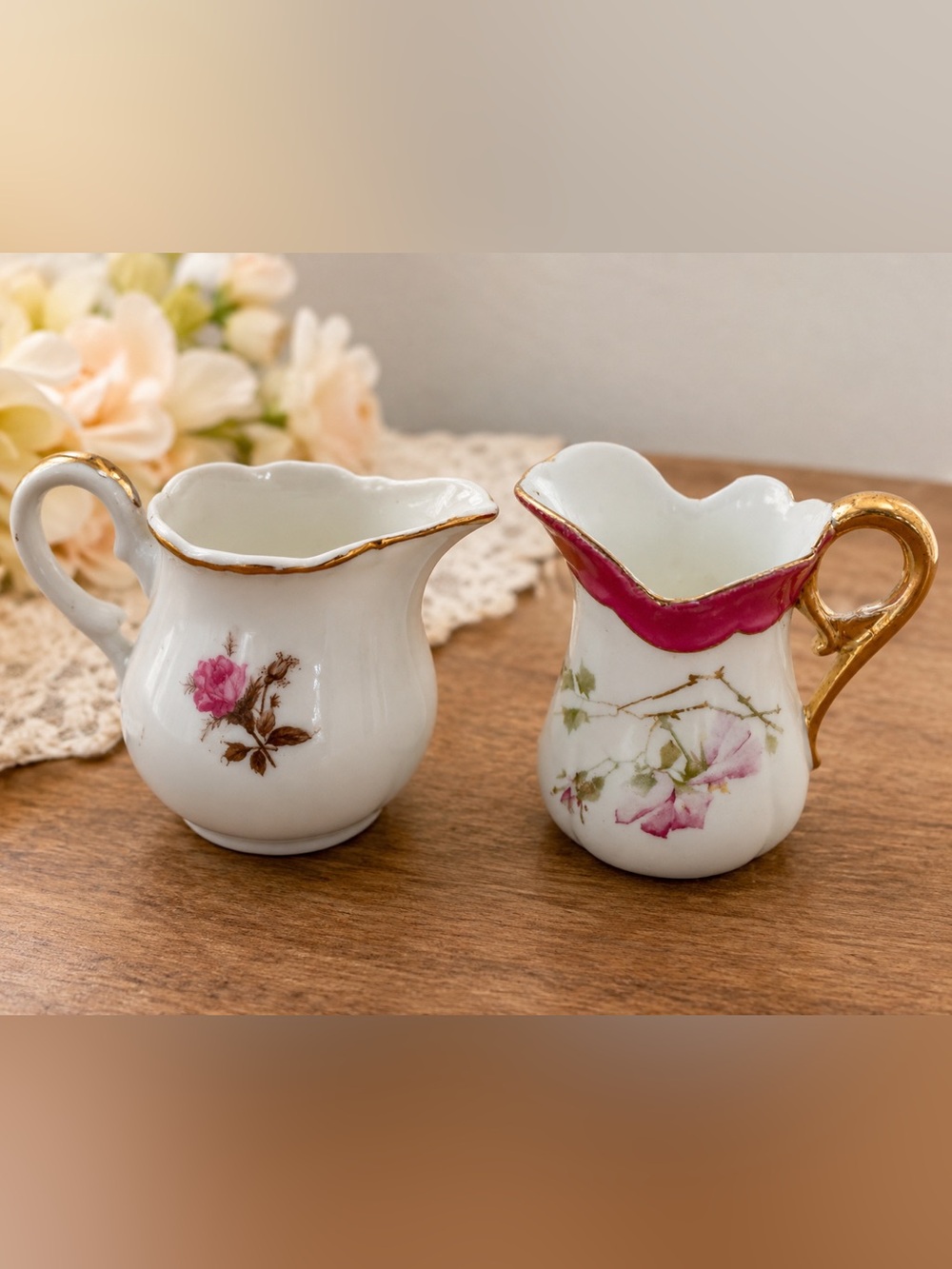 Vintage Mini Porcelain Creamer Lot Cagoco Ceramics Japan Floral Gold Pitcher Set